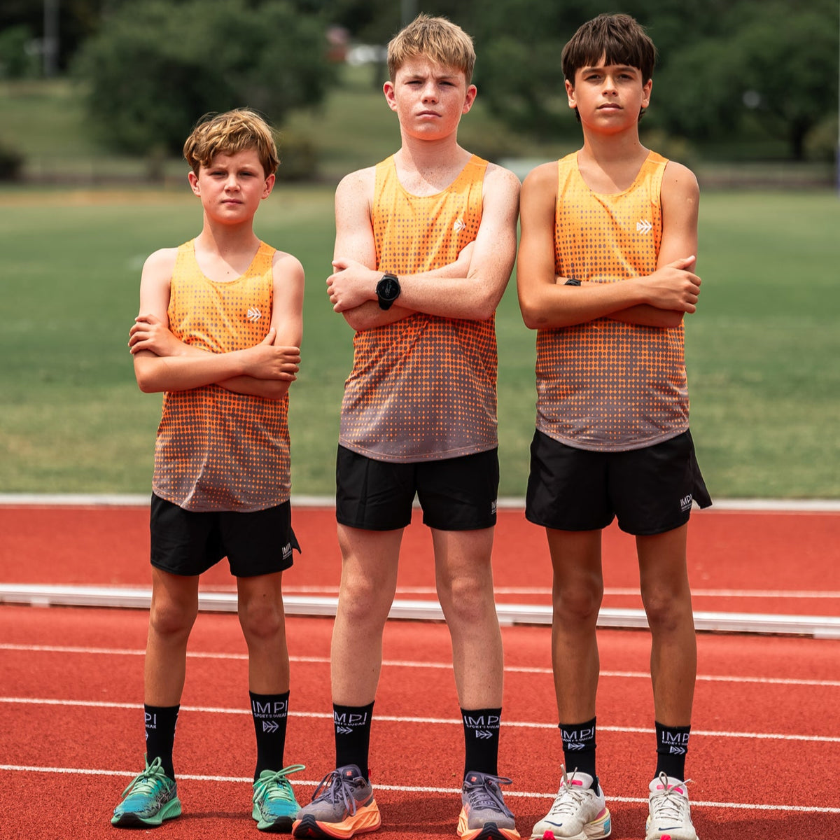 Fluoro Orange and Grey Spotted Singlet