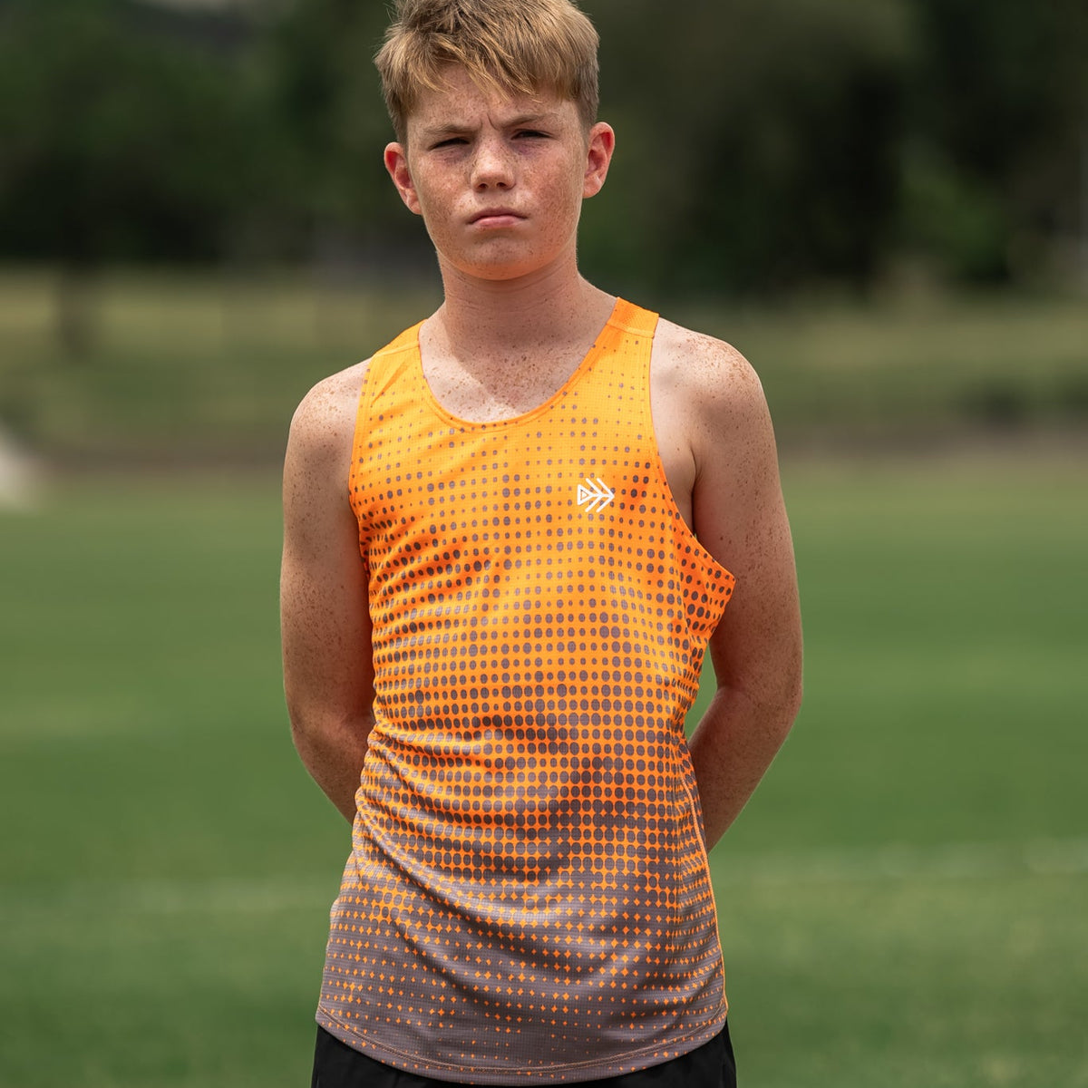 Fluoro Orange and Grey Spotted Singlet